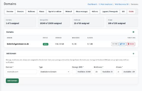 Domains with storage, mailboxes and aliases