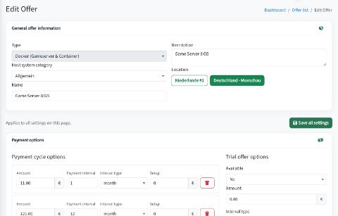 Admin: create a game server offer